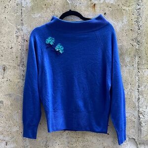 Vintage Aljean Sweater with Sequinned Flowers, 100%‎ Virgin Wool, Royal Blue